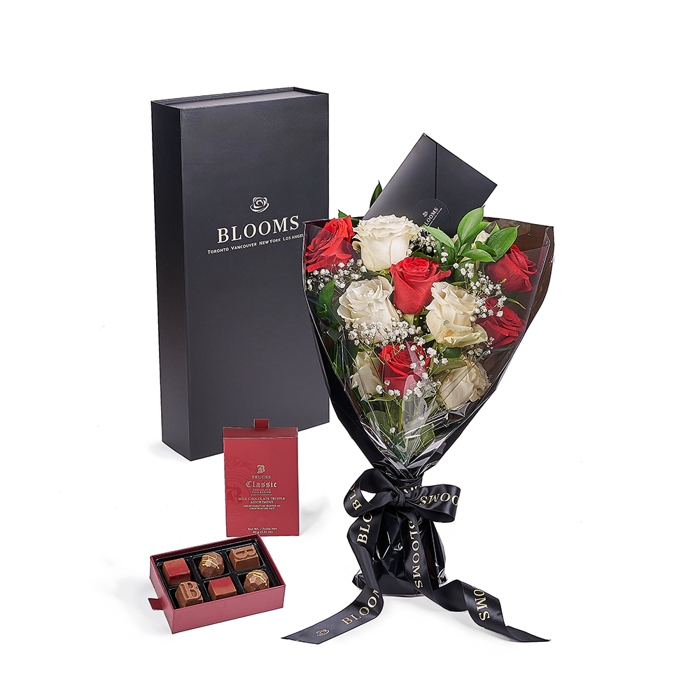 Valentine's Day Rose Bouquet with 6 Red and 6 White Roses, Salal & Chocolate – how the gift is presented