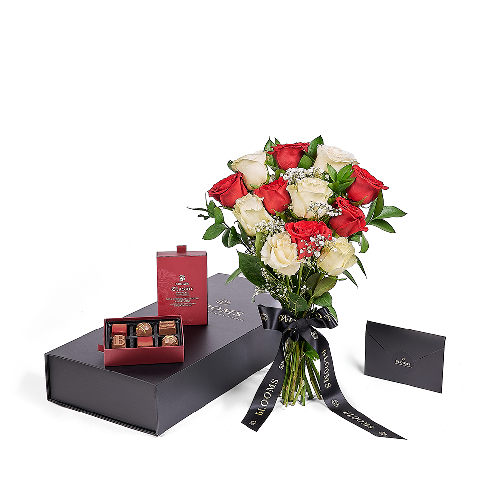 Valentine’s Day Dozen Red & White Rose Bouquet With Box & Chocolate, Valentine's Day gifts, Los Angeles Blooms - Los Angeles Delivery