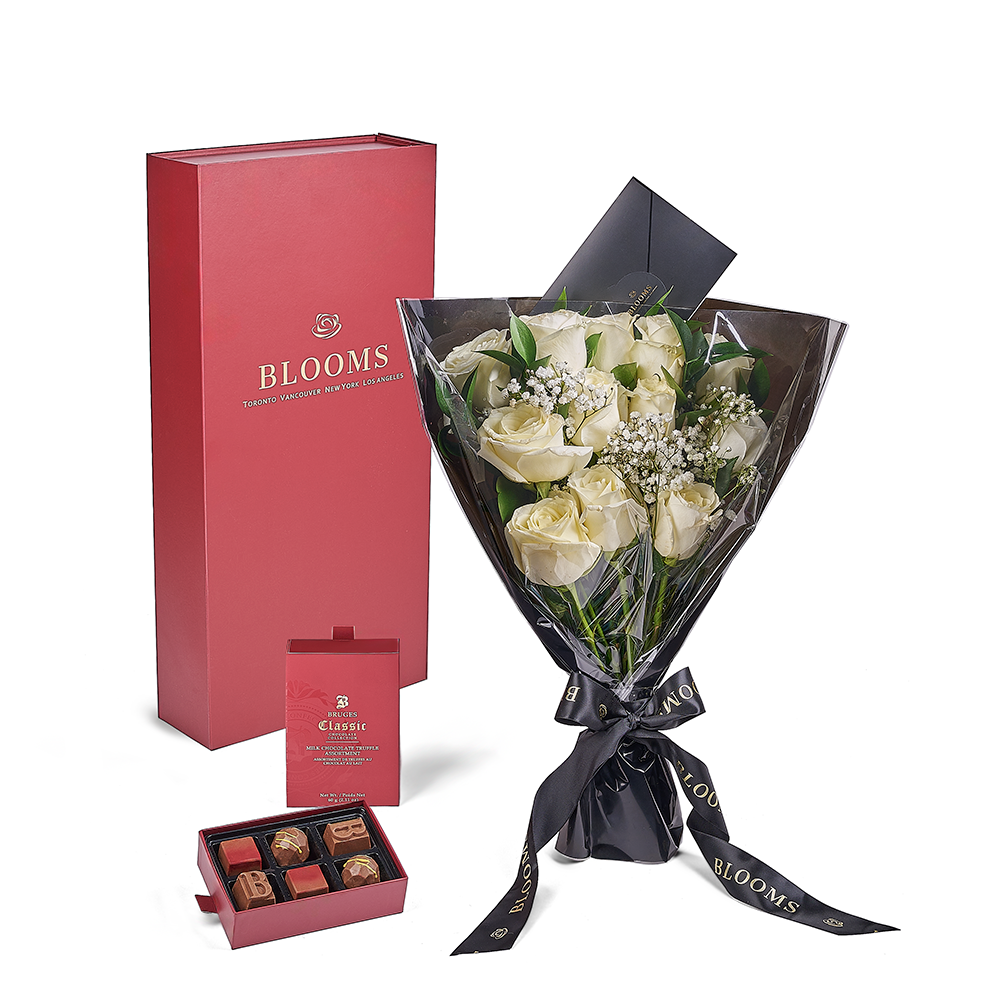 White Rose Valentine Bouquet Presented in Sleek Red Box with Chocolates – how the gift is presented