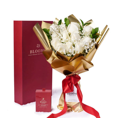 Valentine’s Day Dozen White Rose Bouquet With Box & Chocolate, Valentine's Day gifts, roses, chocolate gifts, Los Angeles Blooms - Los Angeles Delivery