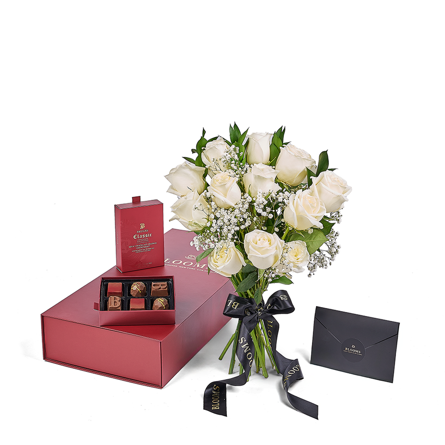 Valentine’s Day Dozen White Rose Bouquet With Box & Chocolate, Valentine's Day gifts, roses, chocolate gifts, Los Angeles Blooms - Los Angeles Delivery