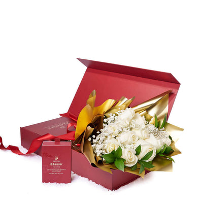 Valentine’s Day Dozen White Rose Bouquet With Box & Chocolate, Valentine's Day gifts, roses, chocolate gifts, Los Angeles Blooms - Los Angeles Delivery