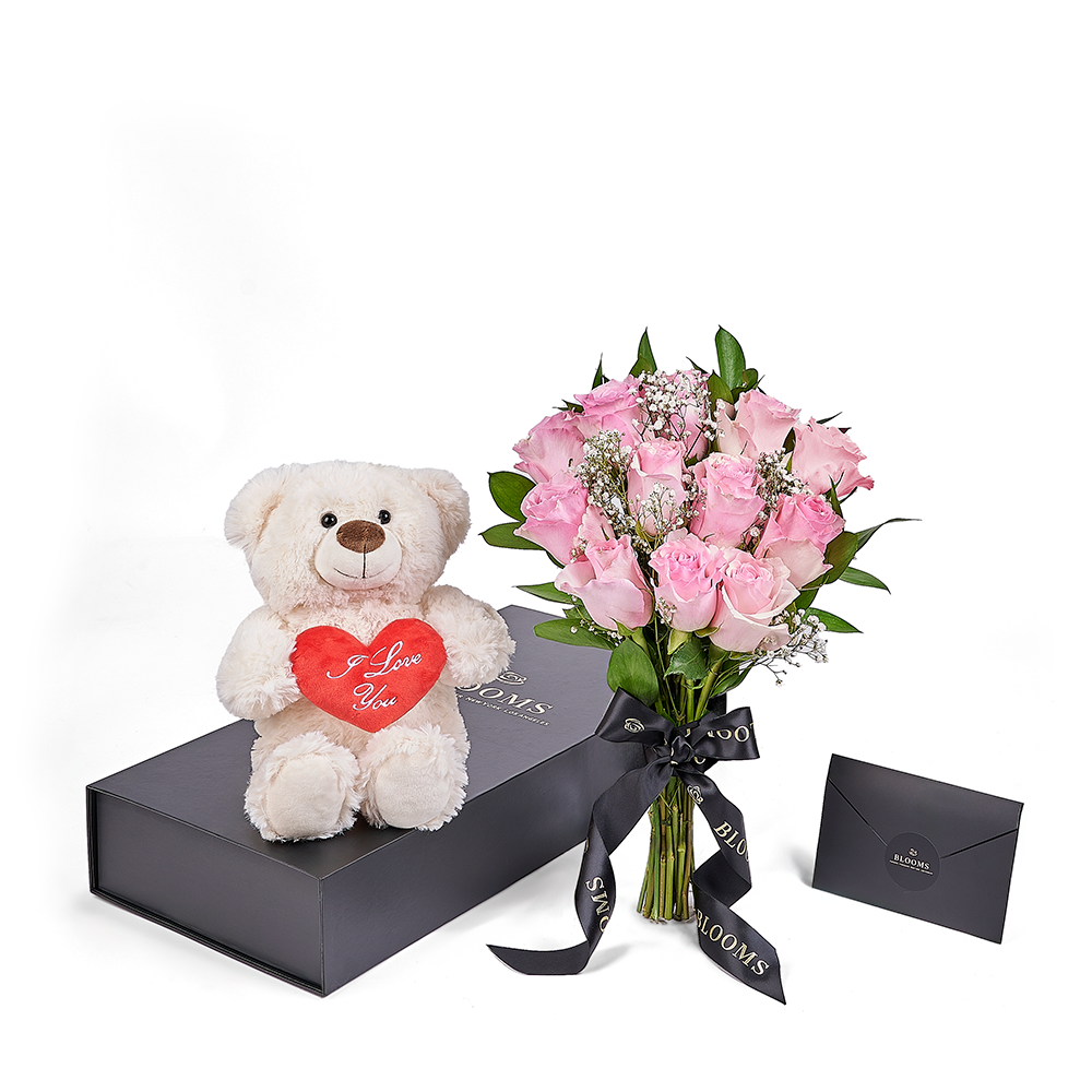 Rose Gifts | Valentines Day 12 Stem Pink Rose Bouquet With Box & Bear | Los Angeles Delivery - LOS ANGELES BLOOMS Rose Gifts | Valentines Day 12 Stem Pink Rose Bouquet With Box & Bear | Los Angeles Delivery - LOS ANGELES BLOOMS