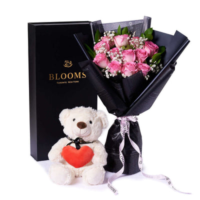 Romance should be celebrated with The Valentine’s Day 12 Stem Pink Rose Bouquet With Box & Bear. Los Angeles Blooms- Los Angeles Delivery