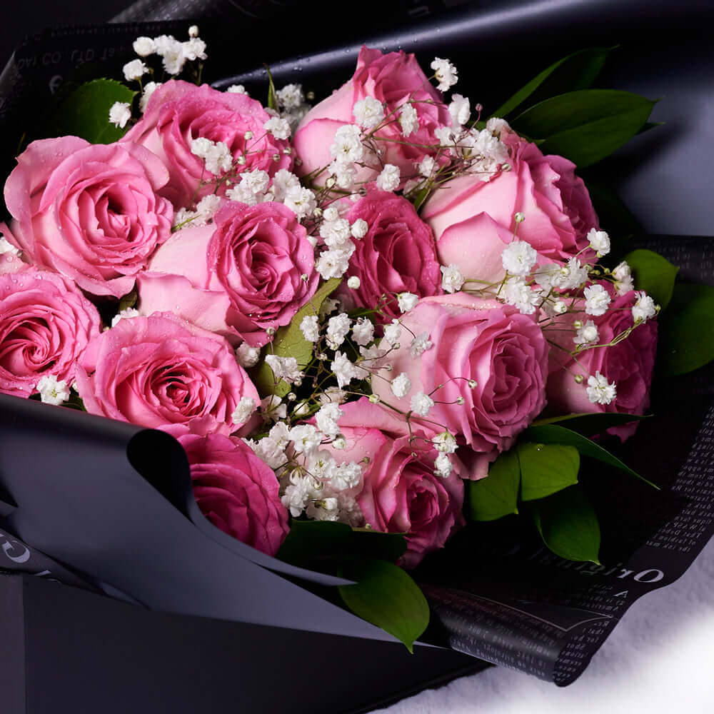 Valentines Day 12 Stem Pink Rose Bouquet With Box & Wine. Valentine's Day gifts, rose gifts, pink roses, wine gifts. Los Angeles Blooms - Los Angeles Delivery