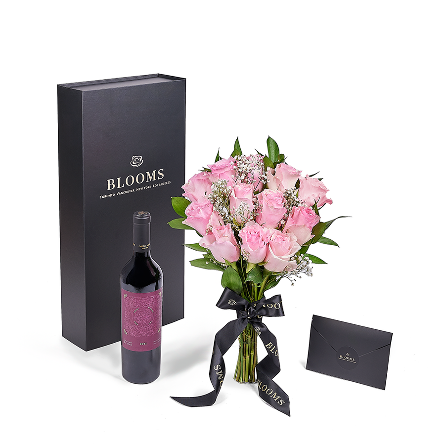 Valentines Day 12 Stem Pink Rose Bouquet With Box & Wine. Valentine's Day gifts, rose gifts, pink roses, wine gifts. Los Angeles Blooms - Los Angeles Delivery