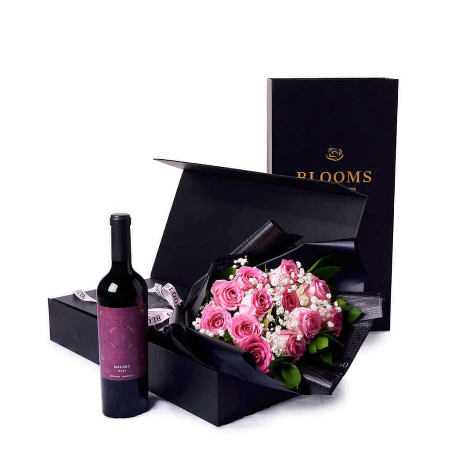 Valentines Day 12 Stem Pink Rose Bouquet With Box & Wine. Valentine's Day gifts, rose gifts, pink roses, wine gifts. Los Angeles Blooms - Los Angeles Delivery