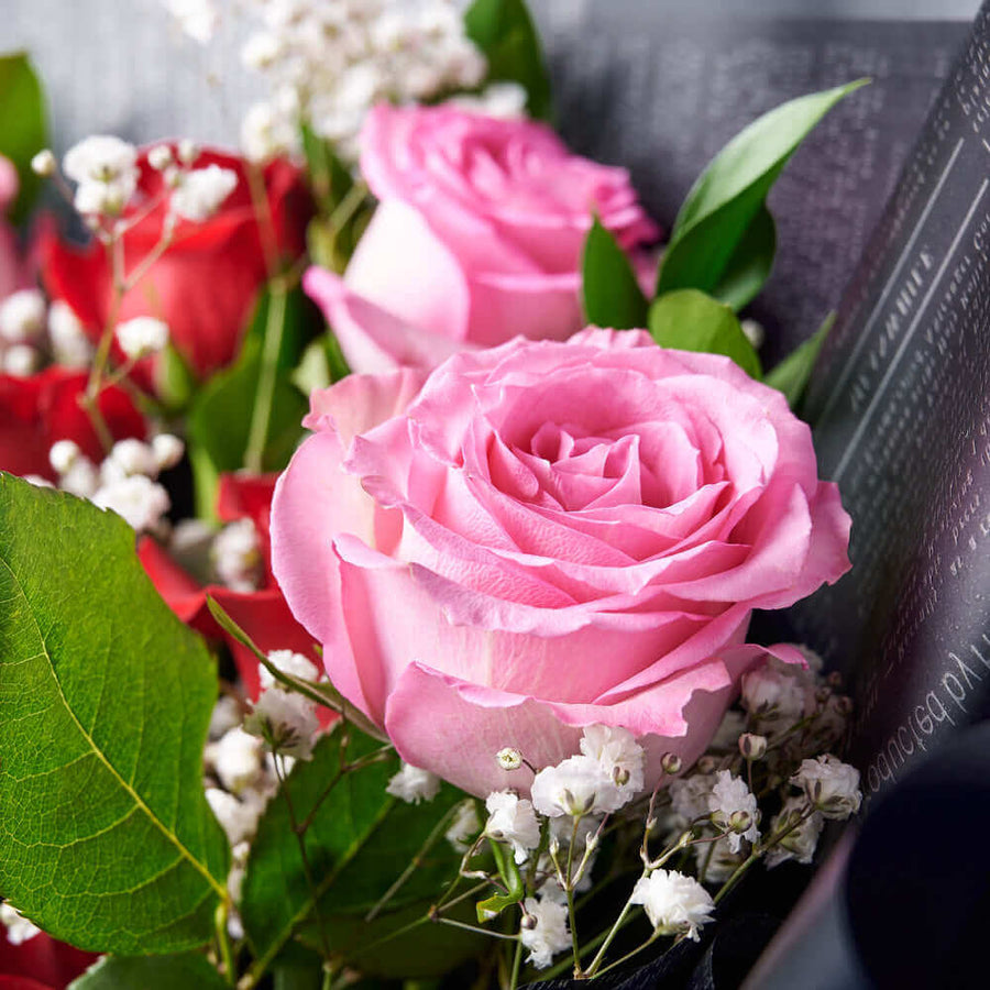 Valentine’s Day Dozen Red & Pink Rose Bouquet With Box & Wine, you can indulge your loved one with a treat they are sure to love as much as you. Los Angeles Blooms- Los Angeles Delivery