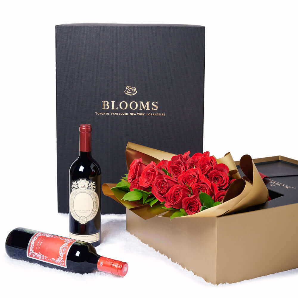 Valentine's Day 18 Stem Red Roses With Chocolate & Wine, Los Angeles Blooms