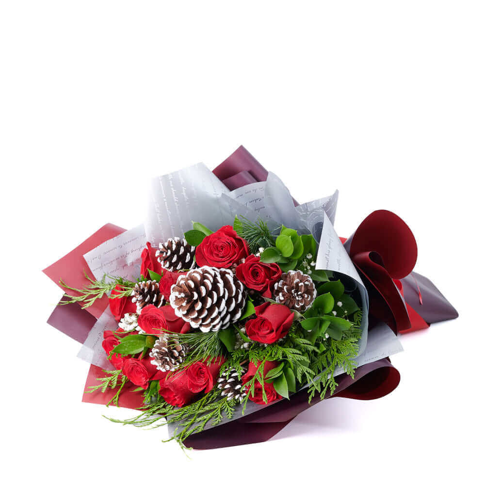 Festive Red Rose and Baby's Breath Bouquet – how the gift is presented