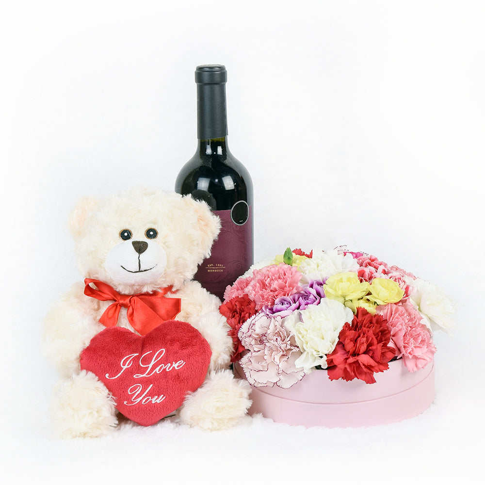 Carnation Hat Box With Wine and Plush - Los Angeles Blooms - Los Angeles Delivery
