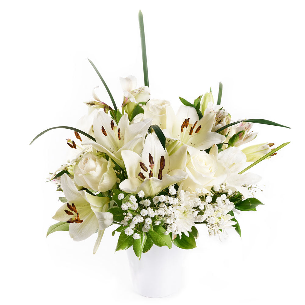 Sophisticated Ceramic Vessel Arrangement Featuring Lilies and Roses – how the gift is presented