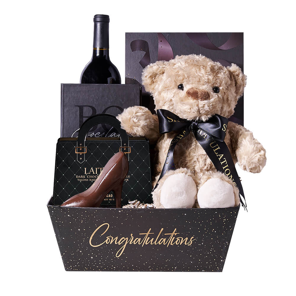 Plush Bear and Gourmet Chocolate Graduation Celebration Basket – how the gift is presented