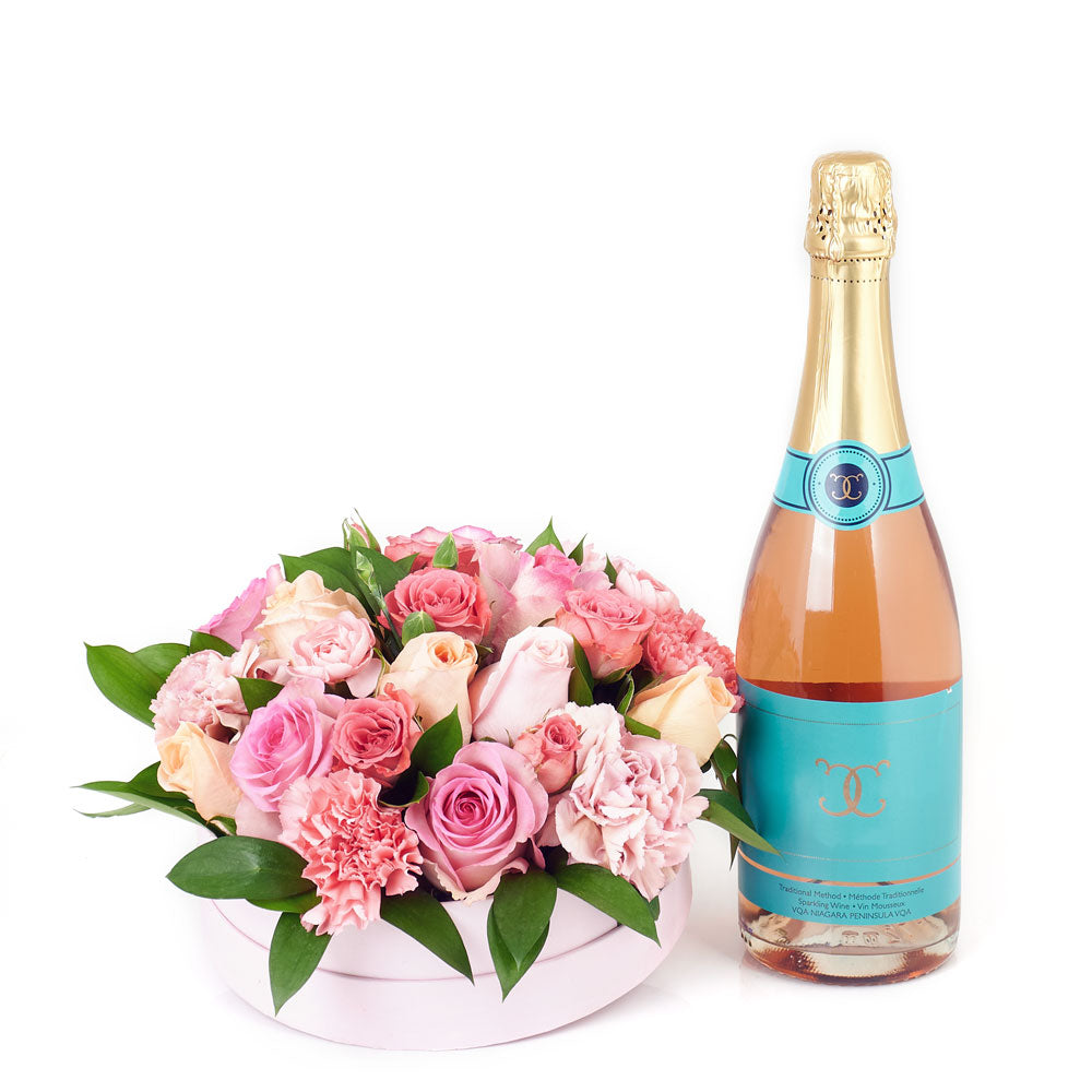 Celebrations Galore Flowers &amp; Champagne Gift - Mixed Floral Hat Box and Sparkling Wine Gift - Los Angeles Blooms