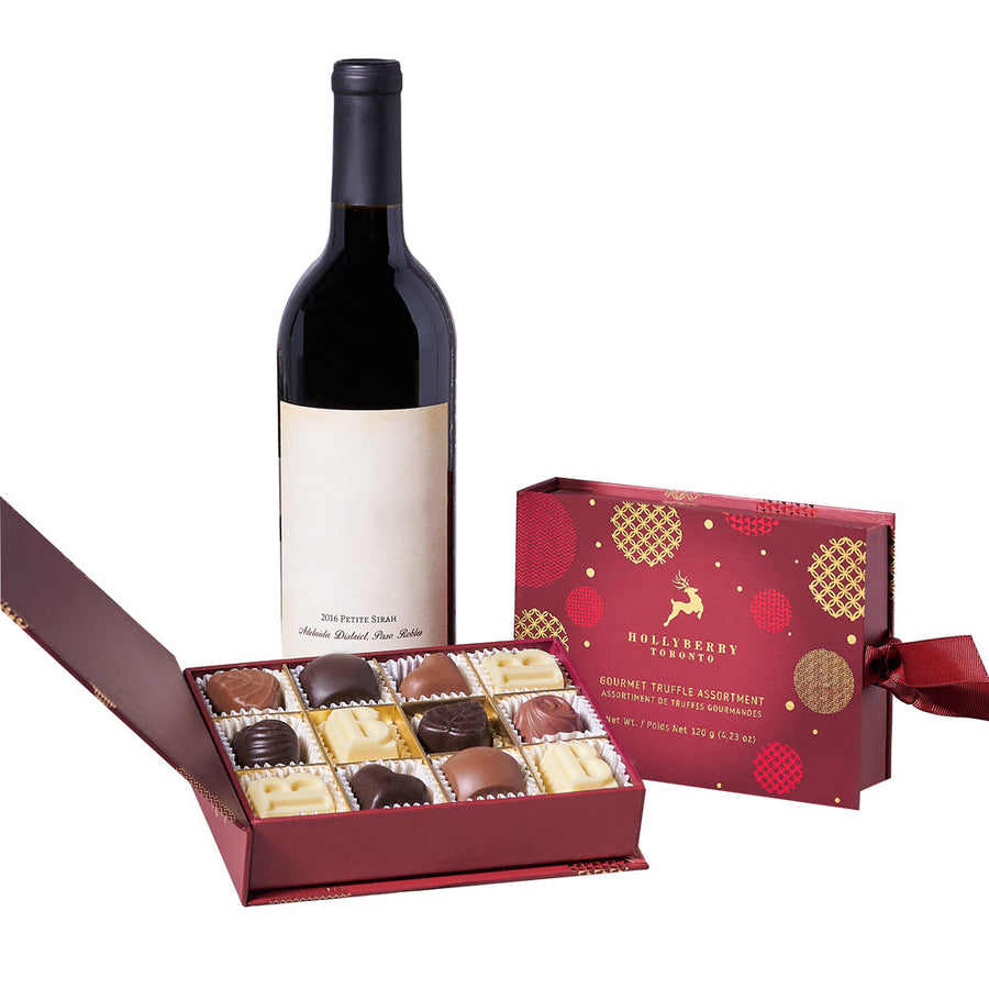 Christmas Wine & Chocolate Gift Set, Gourmet Gift Baskets, Wine Gift Baskets, Christmas Gift Baskets, Xmas Gifts, Truffles, Wine, Los Angeles Delivery
