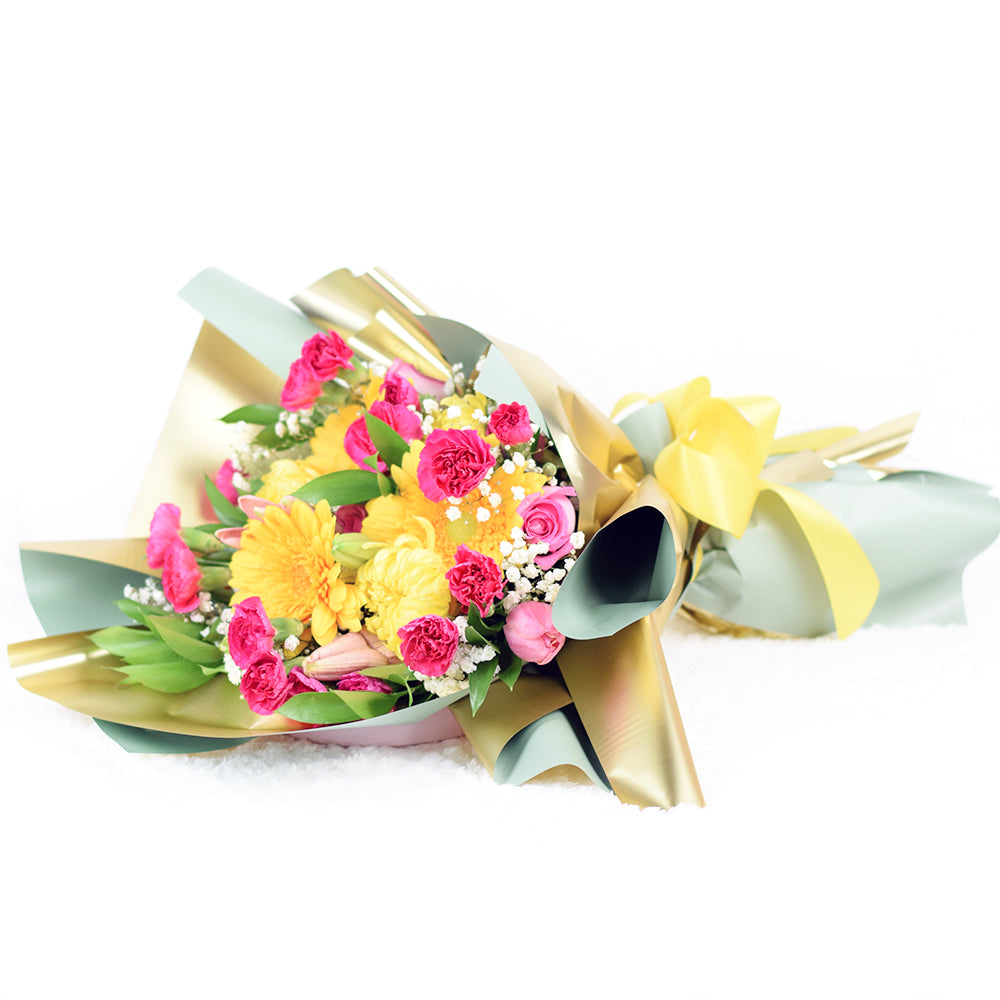 Mixed Pink and Yellow Floral Gift – how the gift is presented