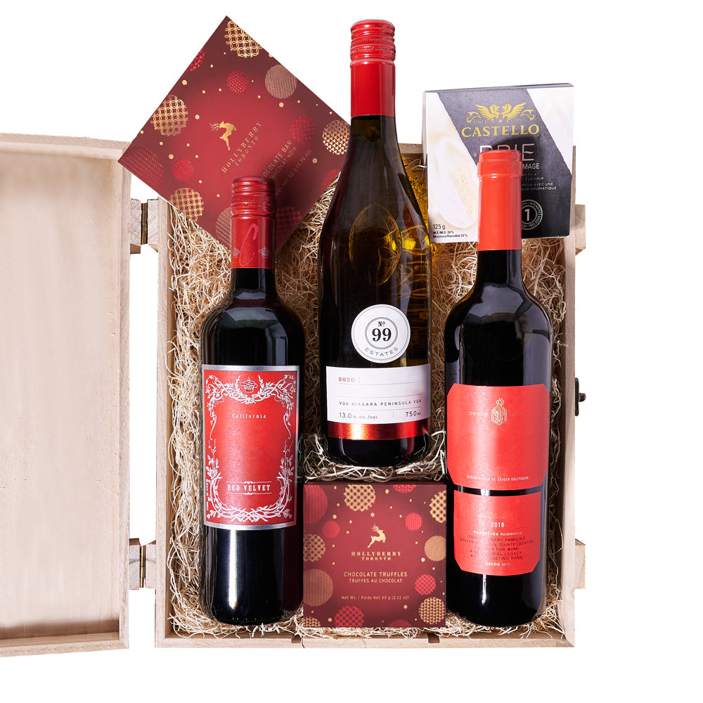 Holiday Wine Trio & Treat Gift Box,  candy, chocolate, chocolate bar,  christmas,  Christmas Cookie,  Christmas set,  gourmet,  wine,  wooden box, christmas Wine Trio, Wine Box Trio Los Angeles delivery