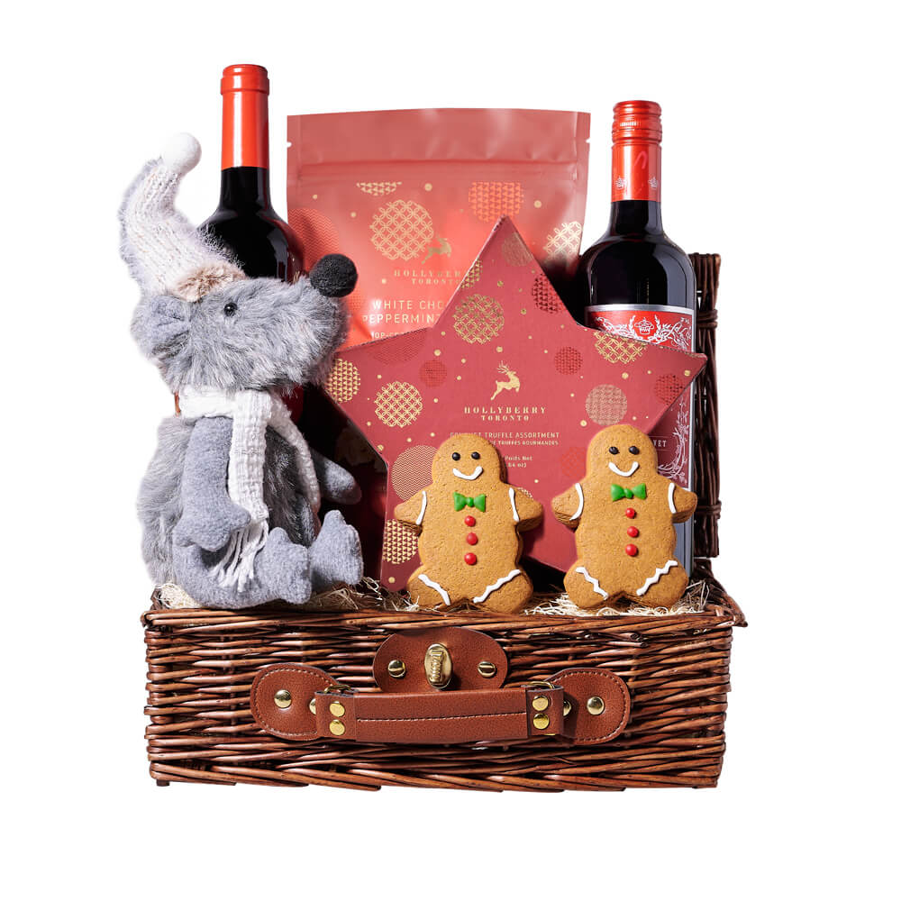 Holiday Wine &amp; Gingerbread Men Gift, wine gift, wine, christmas gift, christmas, holiday gift, holiday, gingerbread gift, gingerbread, gourmet gift, gourmet. LOs Angeles Blooms- Los Angeles Delivery