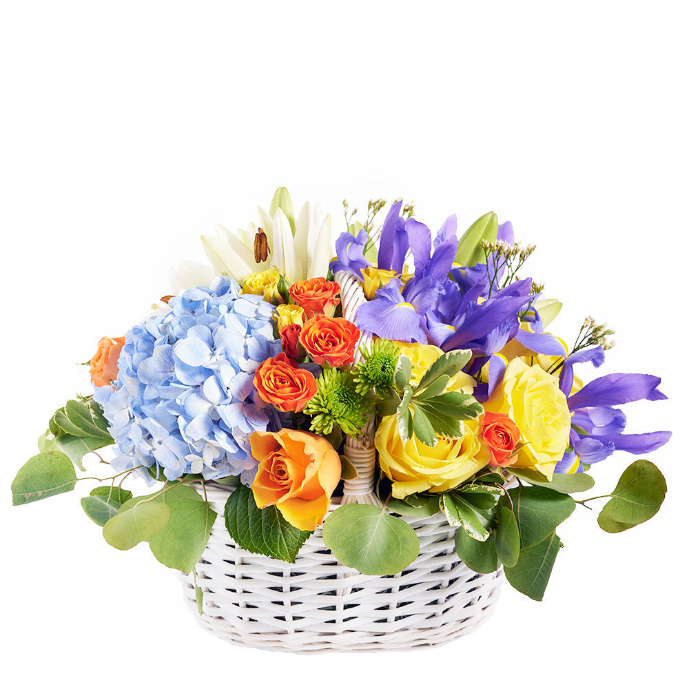 Elegant Mixed Floral Arrangement Featuring Irises and Roses – how the gift is presented