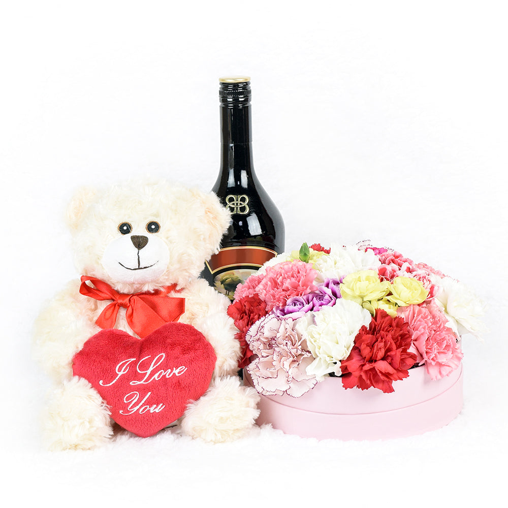 Liquor Gift Basket with Mixed Carnations – how the gift is presented