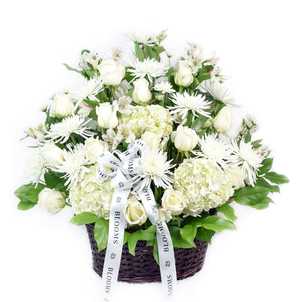 White Mixed Flower Basket Arrangement with Roses and Hydrangeas – how the gift is presented