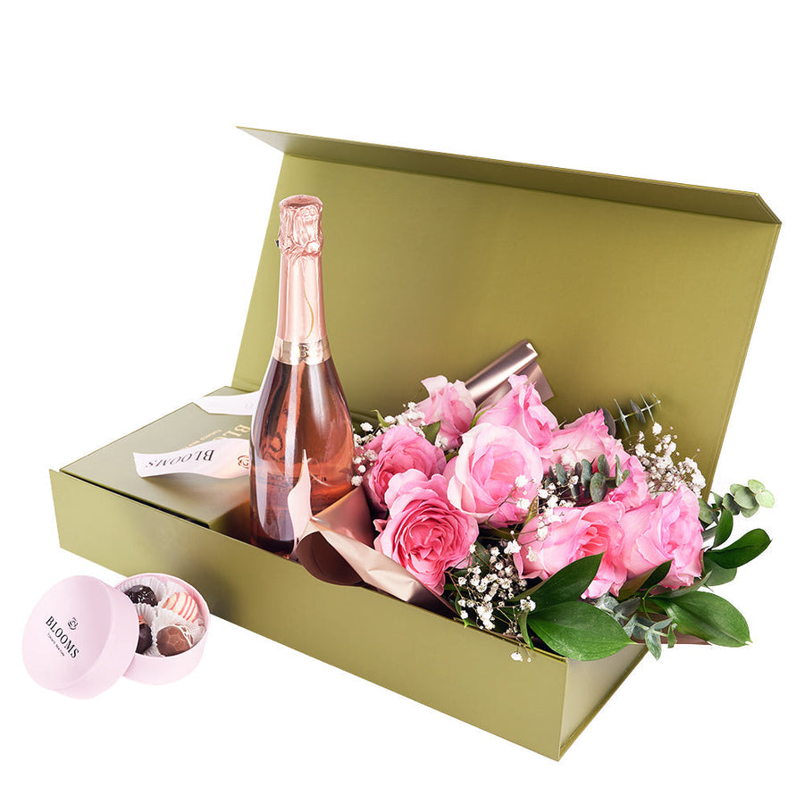 Mother’s Day Dozen Pink Rose Bouquet with Box, Champagne, & Chocolate – Mother’s Day Gifts– Los Angeles Blooms-Los Angeles Delivery