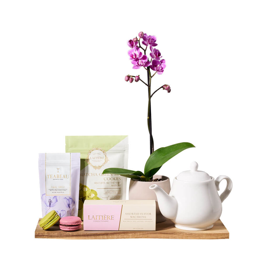 Orchid & Gourmet Tea Gift Set, tea gift, tea, cookie gift, cookies, orchid gift, orchids, gourmet gift, gourmet. Los Angeles Blooms