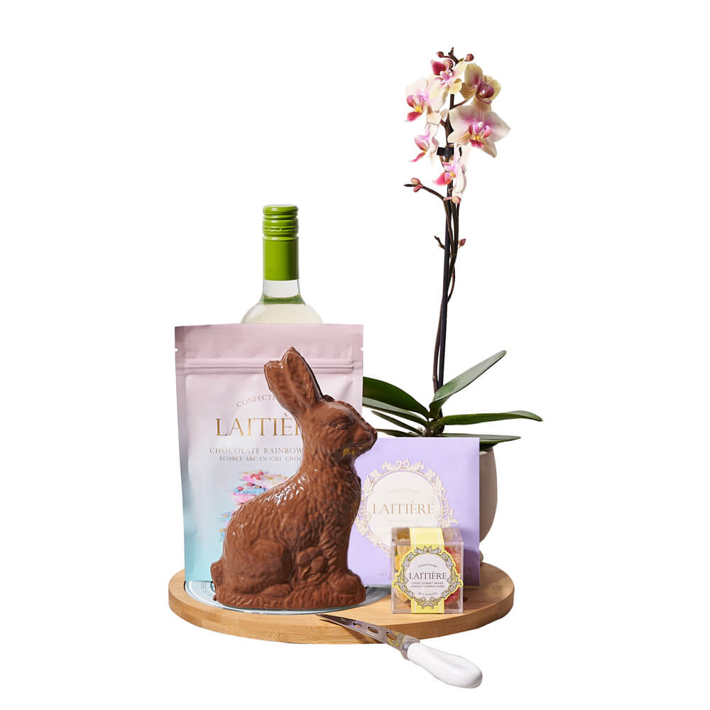 Orchid &amp; Wine Easter Gift, orchid gift, orchid, plant gift, plant, easter gift, easter, wine gift, wine, chocolate gift, chocolate. Los Angeles Blooms