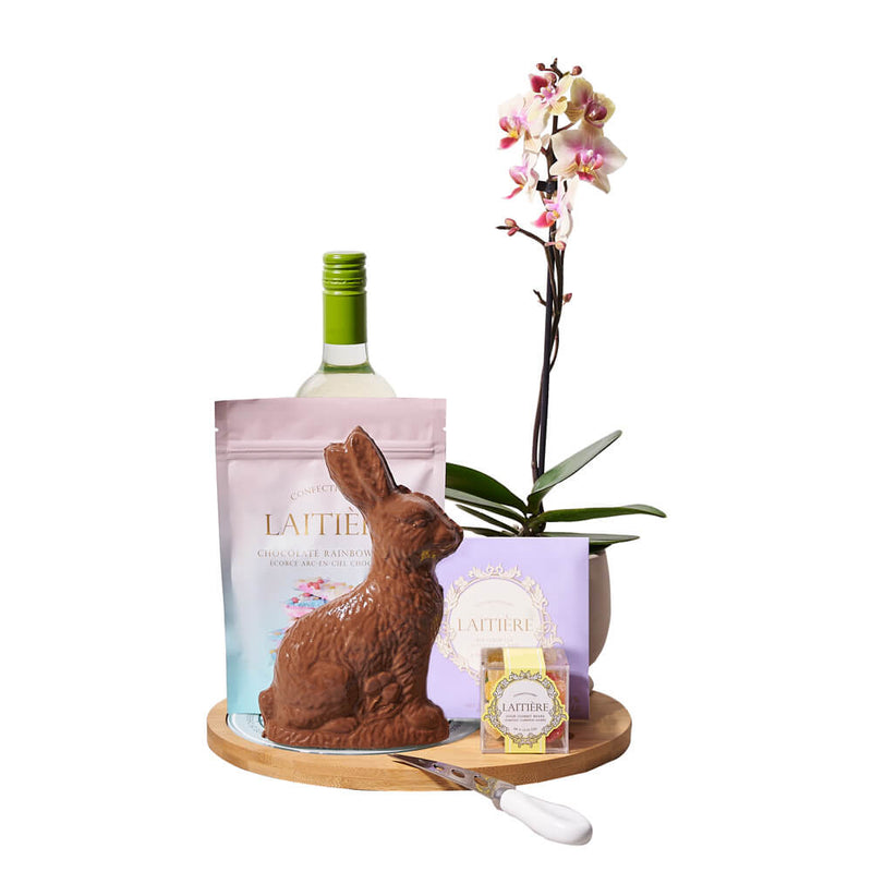 Orchid & Wine Easter Gift, orchid gift, orchid, plant gift, plant, easter gift, easter, wine gift, wine, chocolate gift, chocolate. Los Angeles Blooms