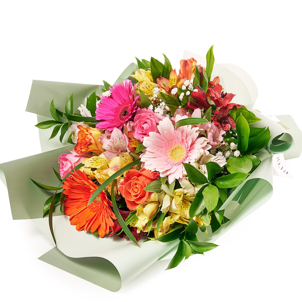 20-Stem Fresh Cut Roses and Peruvian Lilies Bouquet Tied with Ribbon – how the gift is presented