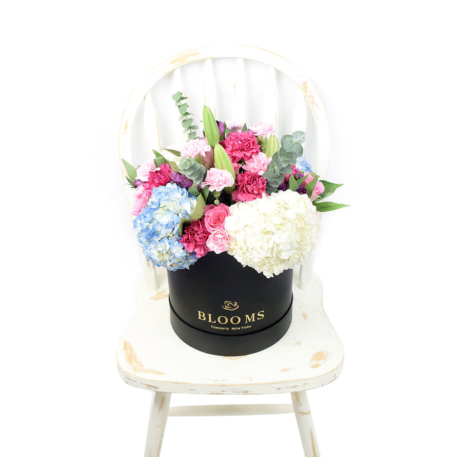 Pastel Floral Box Arrangement, Floral Gifts, Mother's Day Gift Baskets, Mixed Floral Hat Box, Mixed Floral Arrangement, Los Angeles Blooms