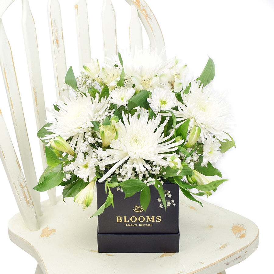 White floral mixed hat box arrangement. Los Angeles Blooms