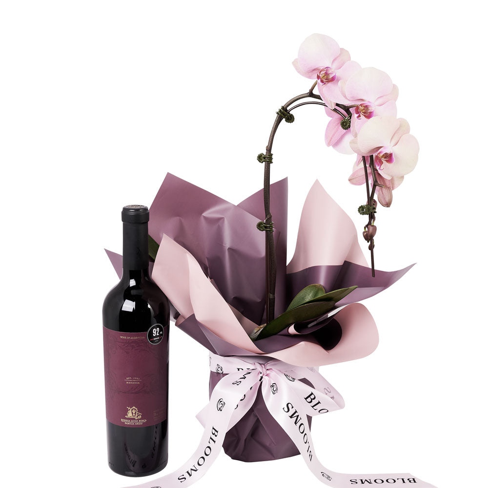 Phalaenopsis Orchid Planter with Complimentary Wine Bottle – how the gift is presented