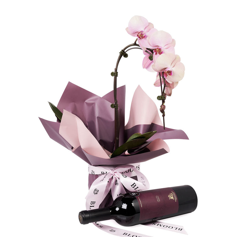 Pure & Simple Flowers & Wine Gift. Orchid plant and Wine Gift Set - Los Angeles Delivery.