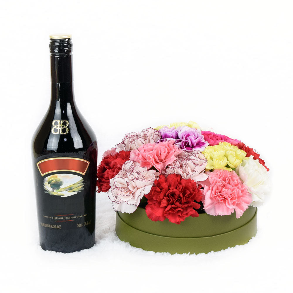 Liquor and Carnation Hat Box – how the gift is presented