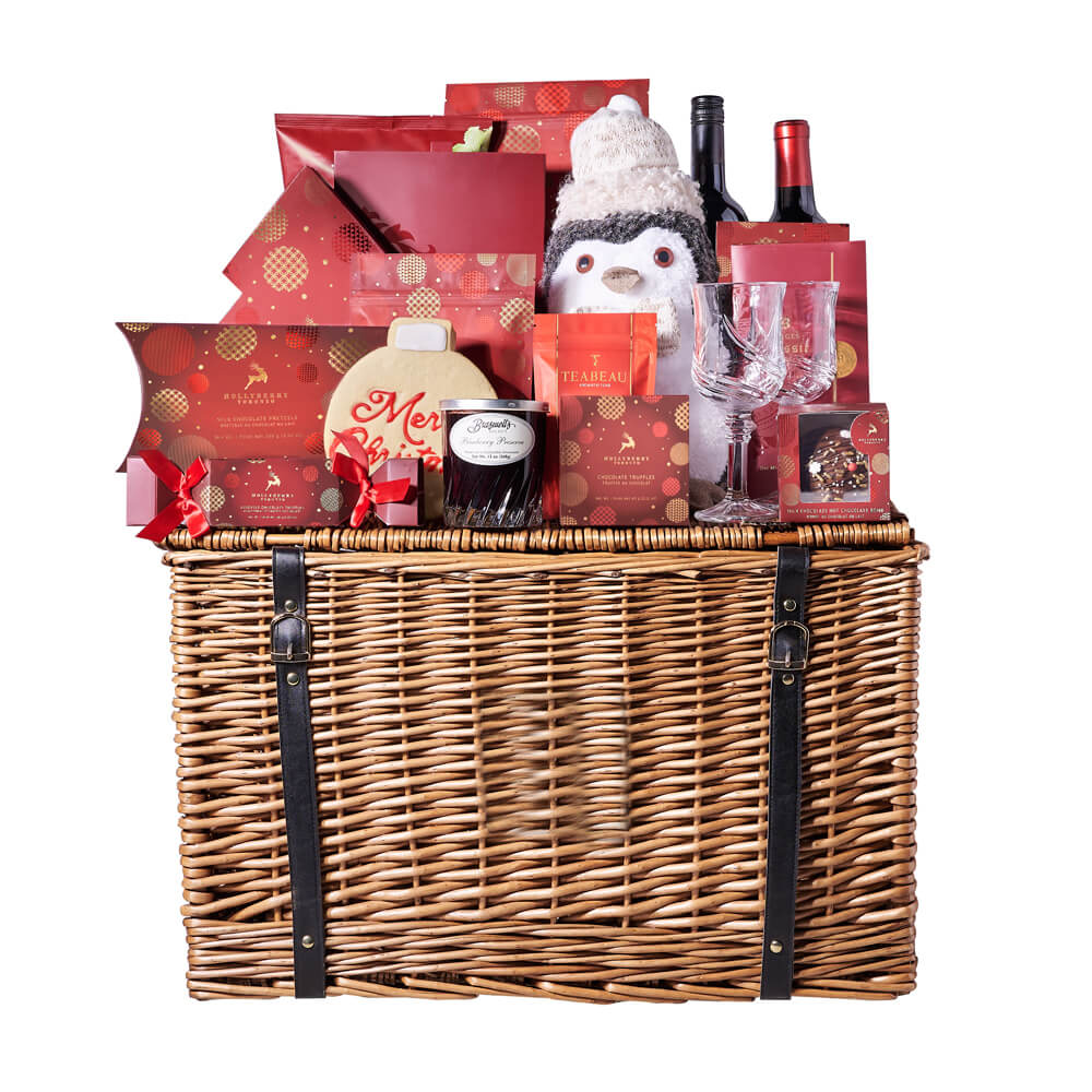 Season’s Greetings Wine Gift Basket, christmas gift, christmas, holiday gift, holiday, gourmet gift, gourmet, chocolate gift, chocolate. Los Angeles Blooms