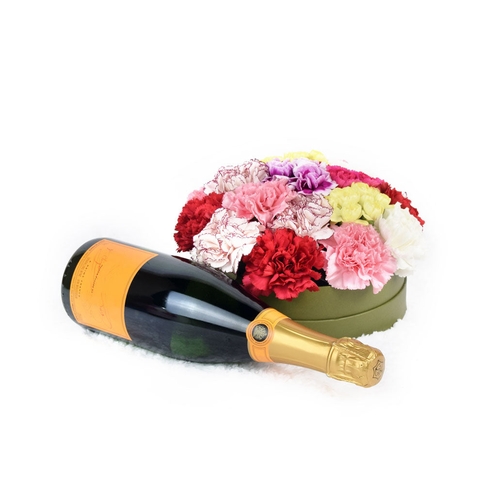 Mixed Carnation Box Arrangement With Champagne - Wine Gift - Los Angeles Blooms