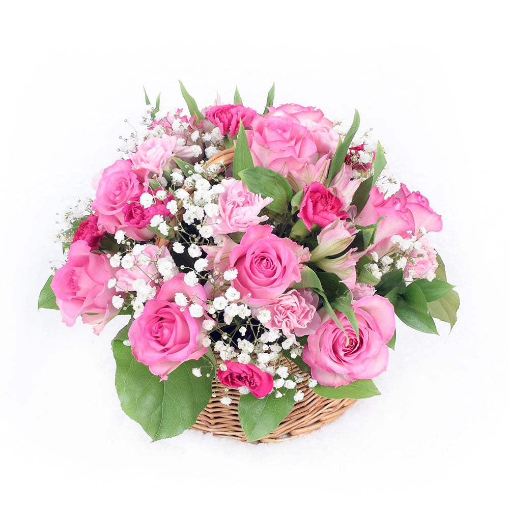 Spring Pink Rose and Baby's Breath Flower Basket – how the gift is presented