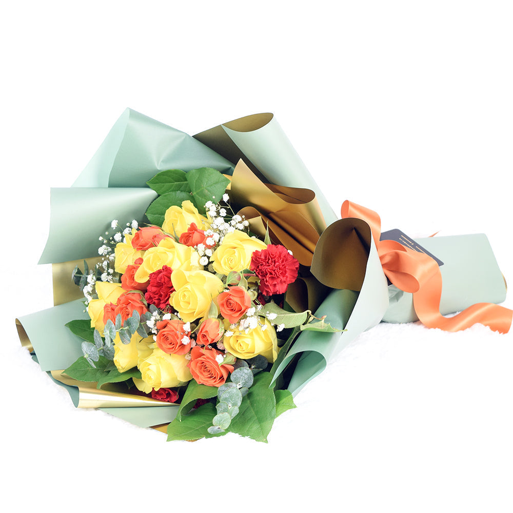 Bold Mother's Day Floral Wrap Bouquet Featuring Roses and Baby's Breath – how the gift is presented
