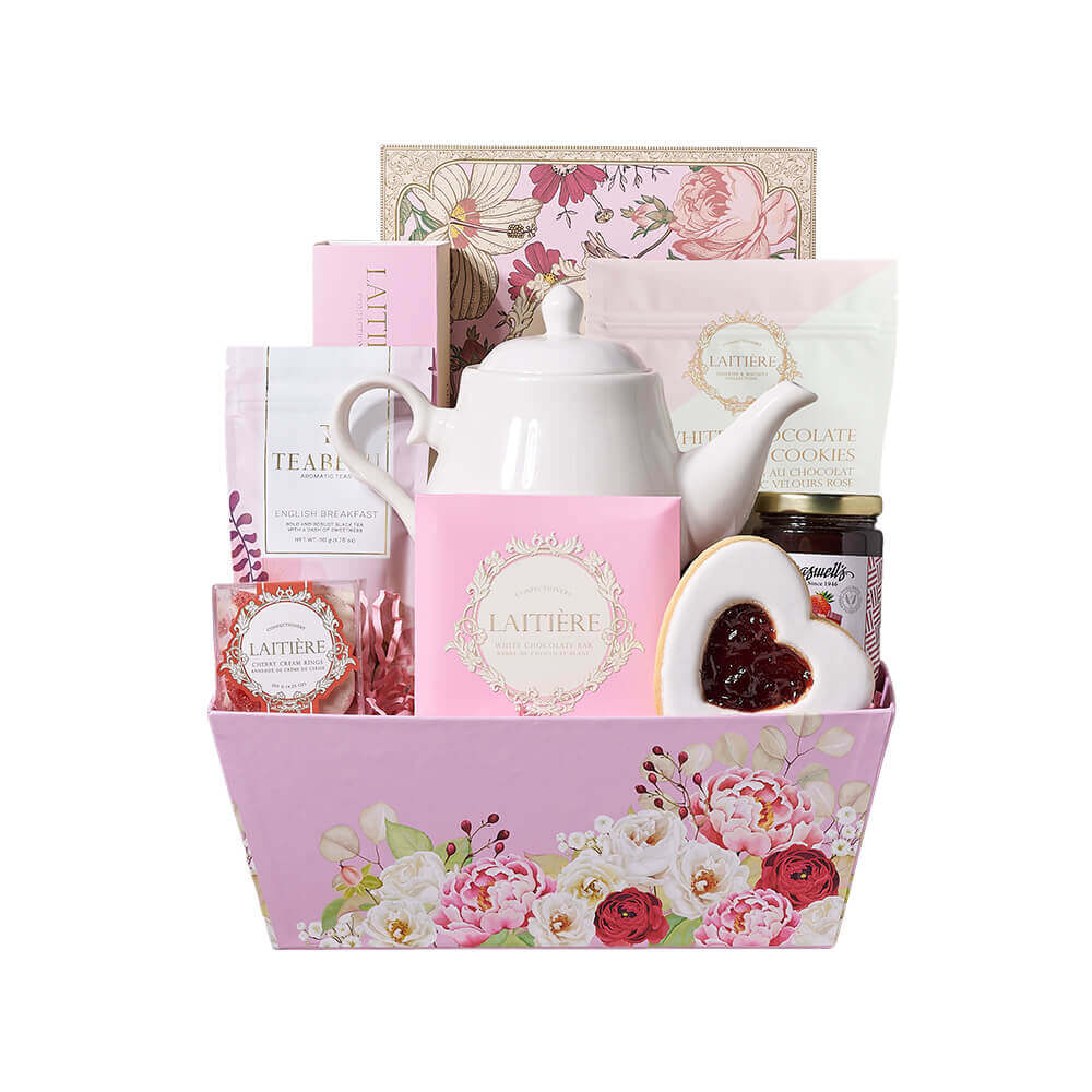Pink Floral Market Tray with Classic Teapot and Gourmet Tea Collection – how the gift is presented