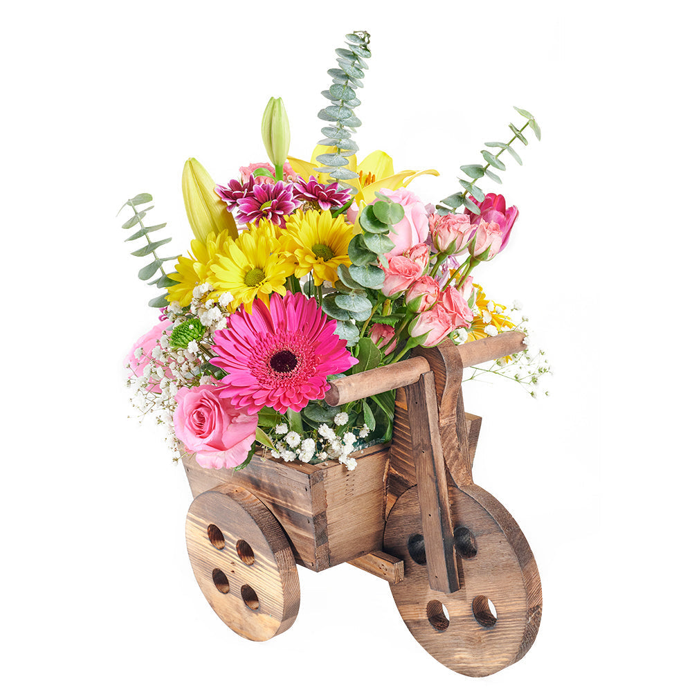 Mother's Day Wooden Cart Planter Floral Arrangement – how the gift is presented