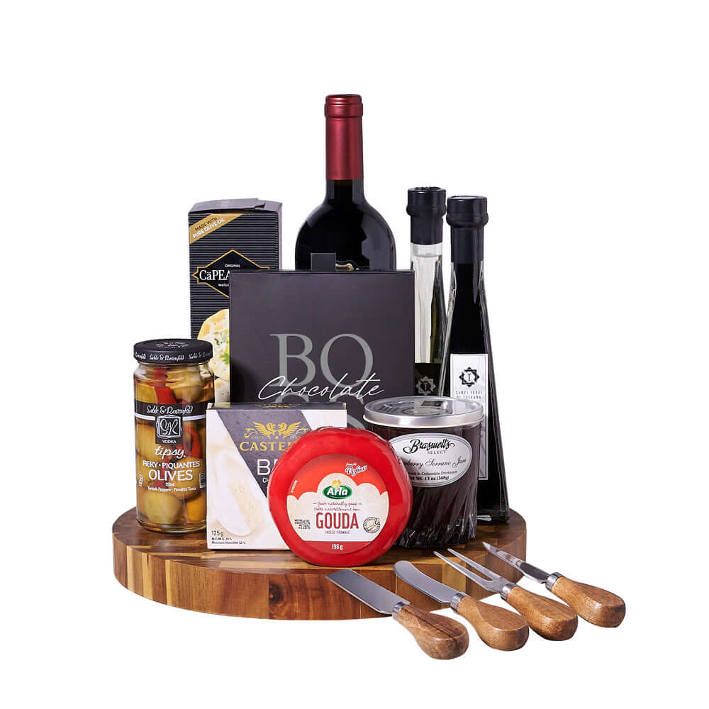 Wine & Cheeseboard Gourmet Gift, wine gift, wine, gourmet gift, gourmet, cheeseboard gift, cheeseboard, cheese board. Los Angeles Blooms