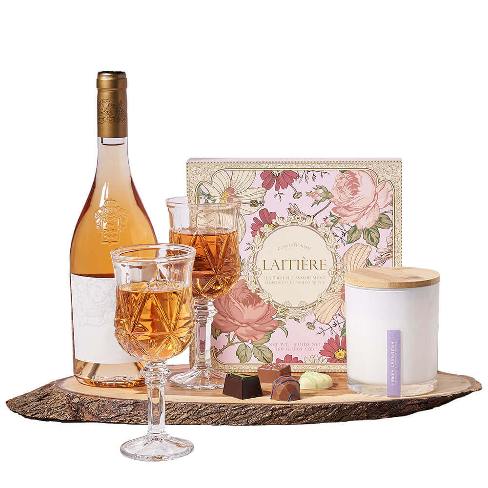 Wine Gift Basket Featuring Tea-Infused Chocolate Truffles and Live Edge Board – how the gift is presented