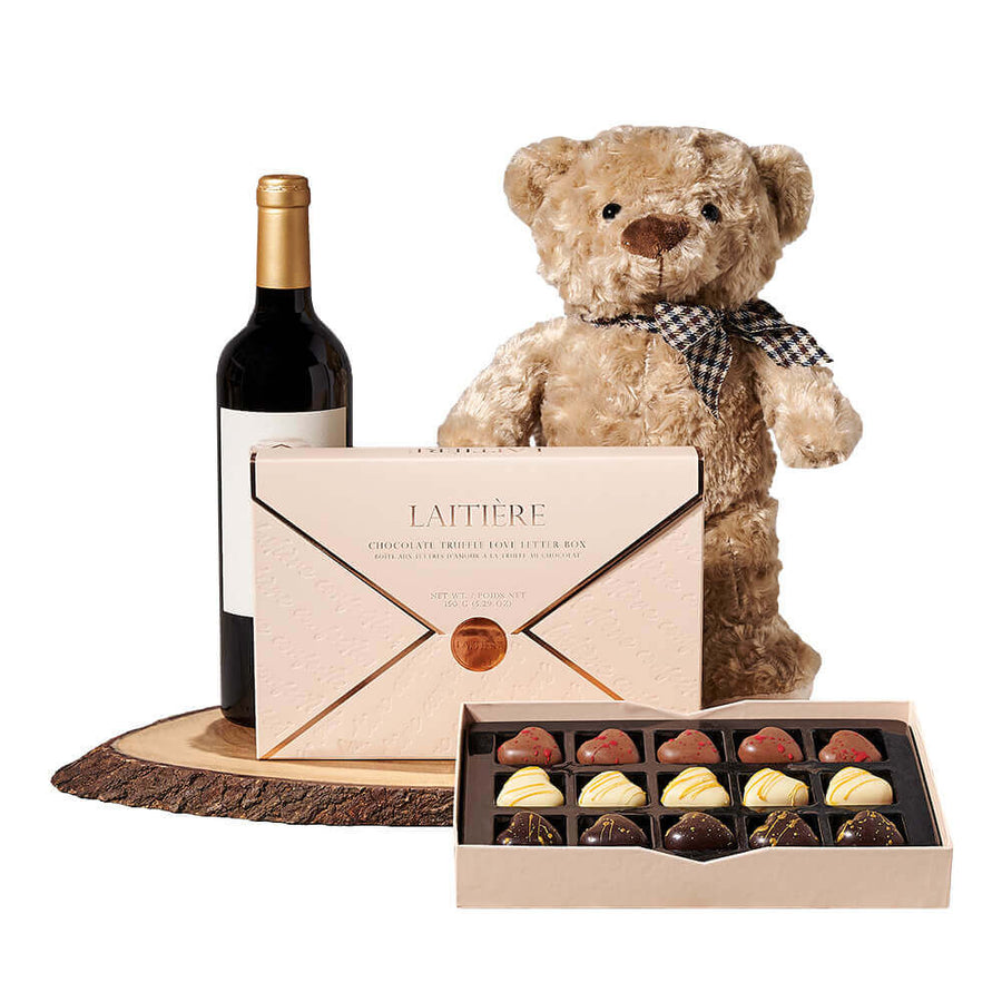 Wine & Teddy Chocolate Gift, wine gift, wine, chocolate gift, chocolate, teddy bear gift, teddy bear. Los Angeles Blooms